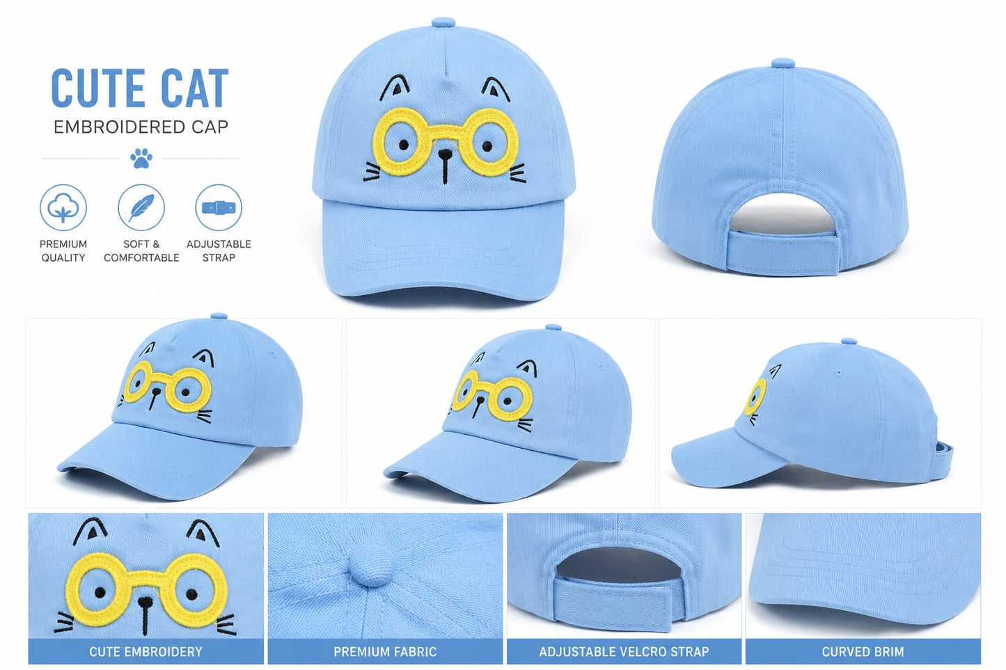 Cute Cartoon Embroidered Kids Cap – Adjustable Velcro Strap Baseball Cap For Kids and Boys