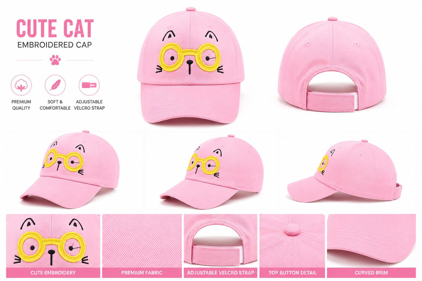 Cute Cartoon Embroidered Kids Cap – Adjustable Velcro Strap Baseball Cap For Kids and Boys
