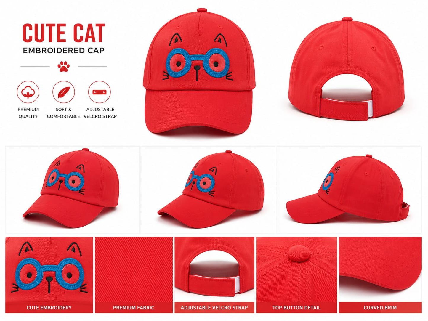 Cute Cartoon Embroidered Kids Cap – Adjustable Velcro Strap Baseball Cap For Kids and Boys