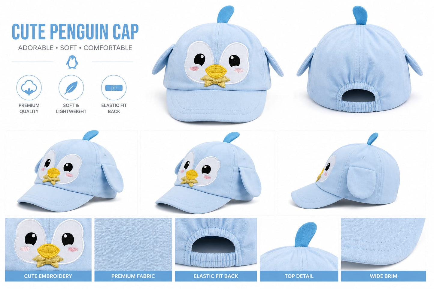 Cute Cartoon Embroidered Kids Cap – Adjustable Velcro Strap Baseball Cap