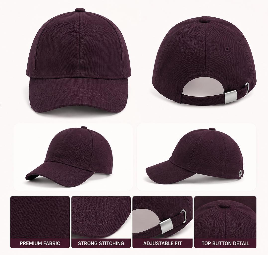 Premium Plain Unisex Cap for Boys & Girls | Maroon & Grey Adjustable Baseball Cap