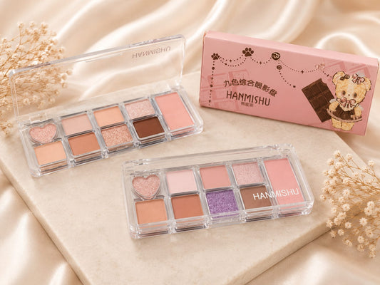 🎀 Cute Kawaii 9-Color Eyeshadow Palette – Pink, Nude & Glitter Shades