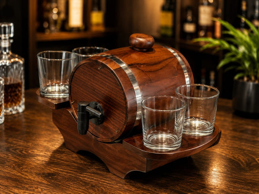 Premium Wooden Barrel Dispenser Set with 6 Glasses