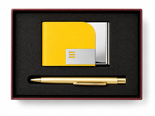 Premium Yellow Card Holder & Pen Gift Set