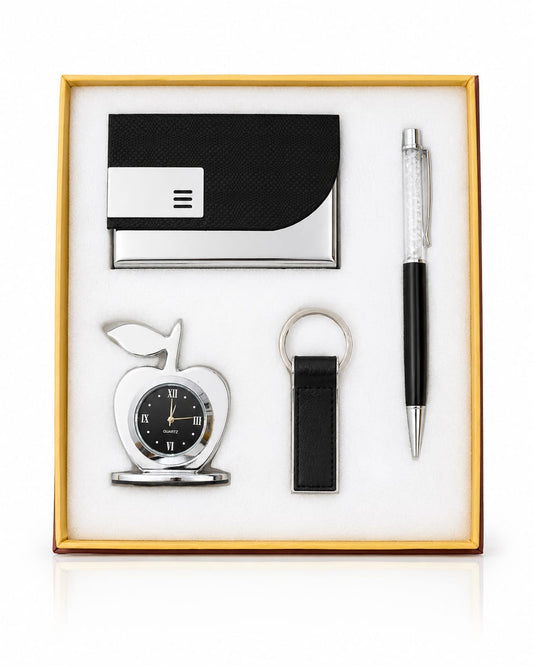 Premium 4-in-1 Executive Gift Set – Pen, Card Holder, Keychain & Apple Desk Clock