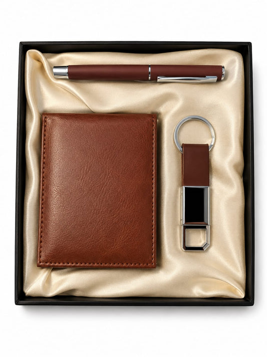 Premium Brown Wallet, Pen & Keychain Gift Set