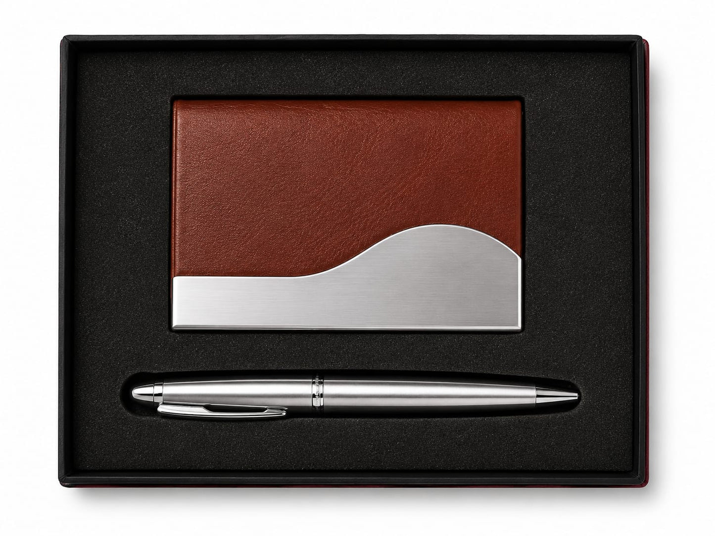 Premium Brown Leather Card Holder & Metal Pen Gift Set