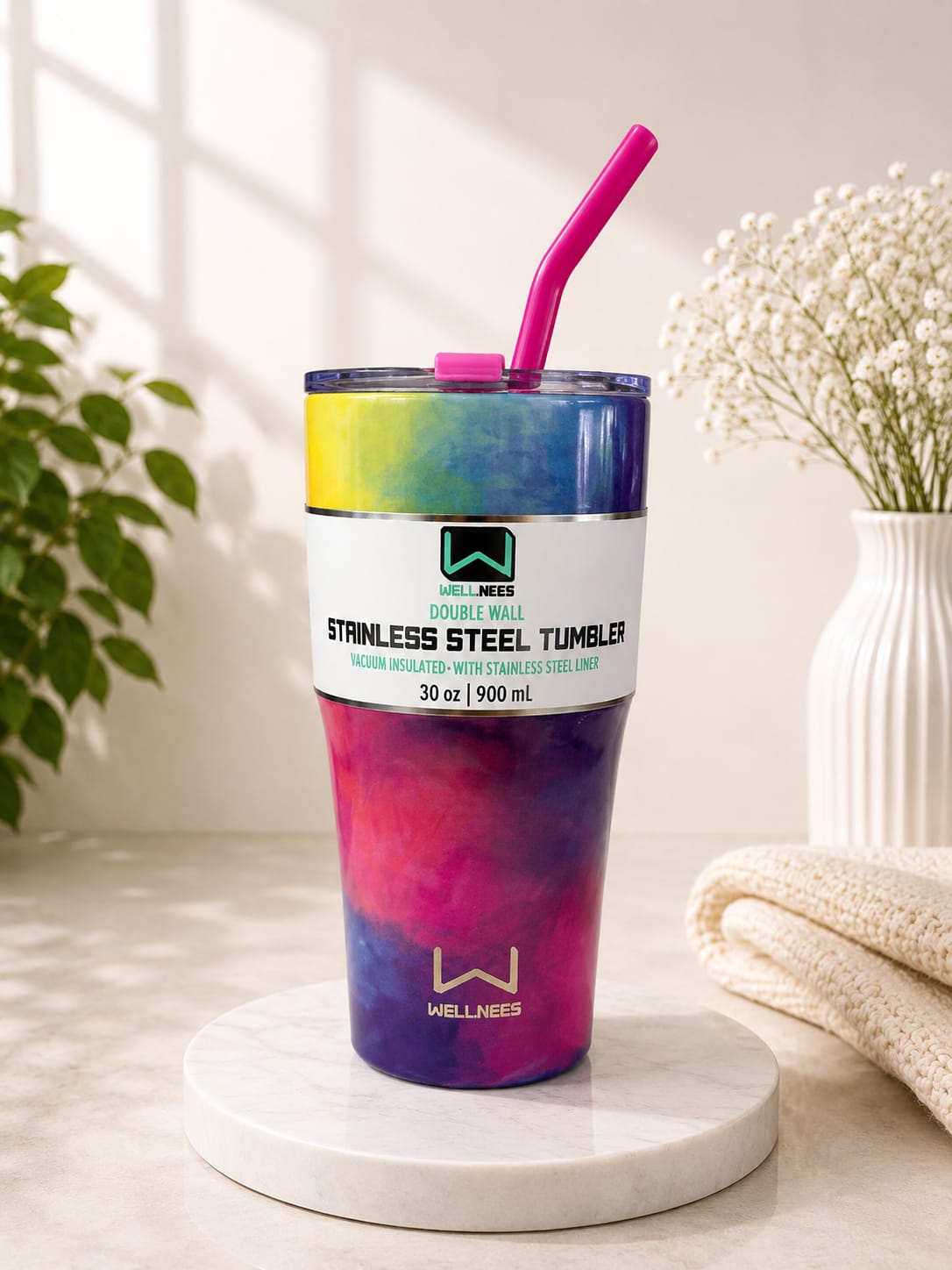 Premium Stainless Steel Tumbler with Straw – Multicolor Design