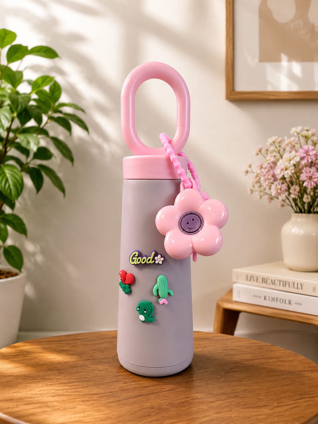 Good Water Bottle with Handle & Flower Charm