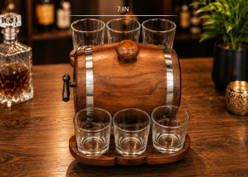 Premium Wooden Barrel Dispenser Set with 6 Glasses