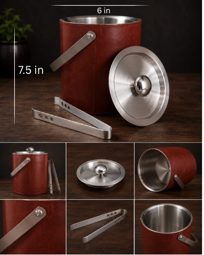 Premium Stainless Steel Ice Bucket with Leather Finish & Tongs