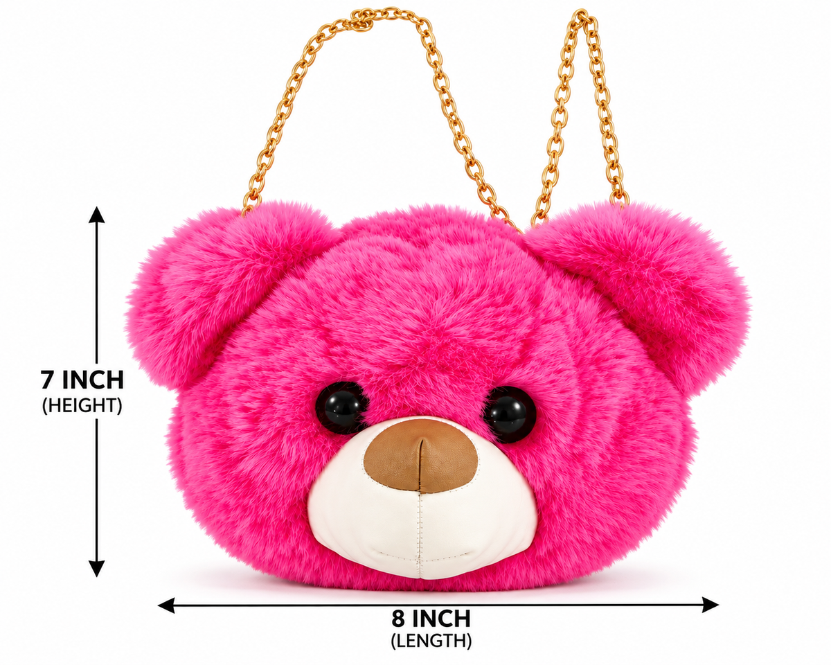 Cute Teddy Bear Fur Sling Bag for Girls & Women | Plush Bear Face Crossbody Shoulder Bag with Gold Chain