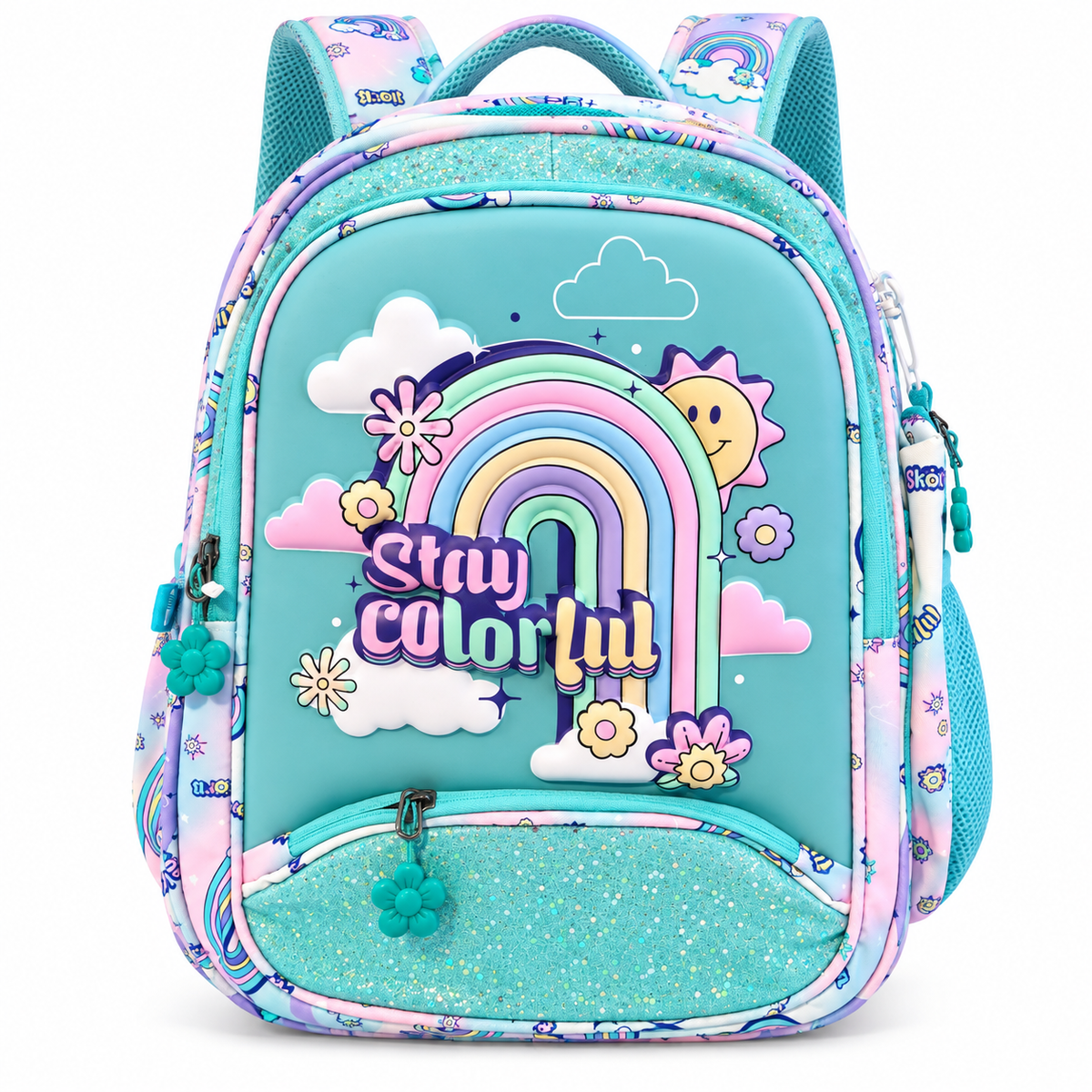 Rainbow Kids School | 4 Zipper Spacious School Bag | Lightweight &amp; Stylish with Side Pockets and Detachable Pouch