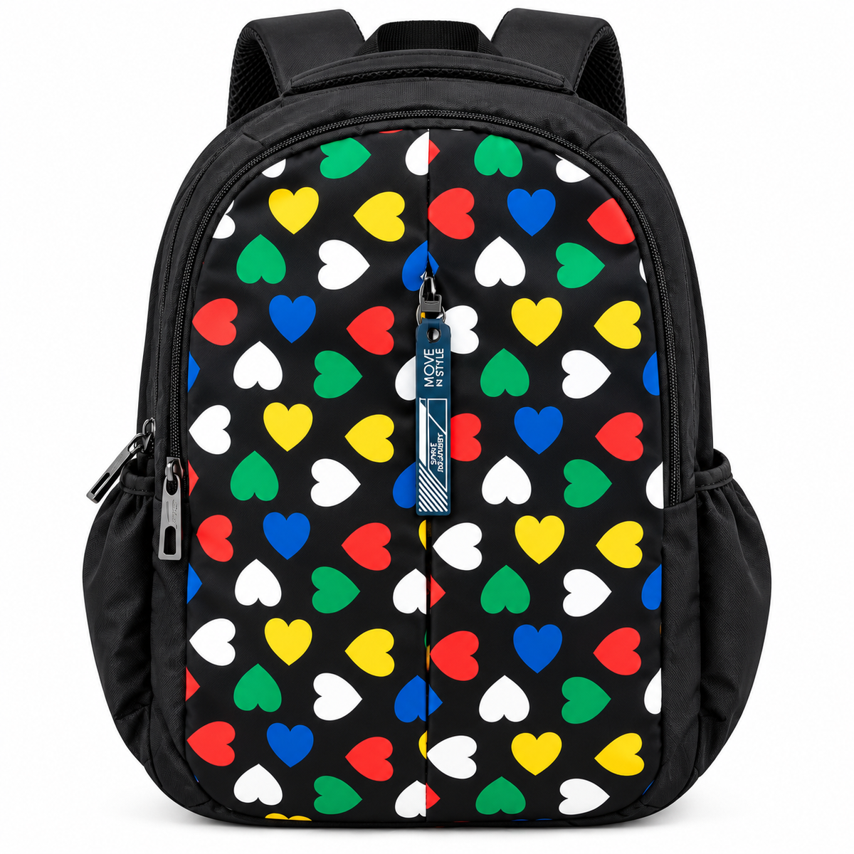Blue School Backpack with 4 Zipper Compartments, Front Heart Print, Side Bottle Pockets &amp; Air Mesh Back – School &amp; Picnic Bag