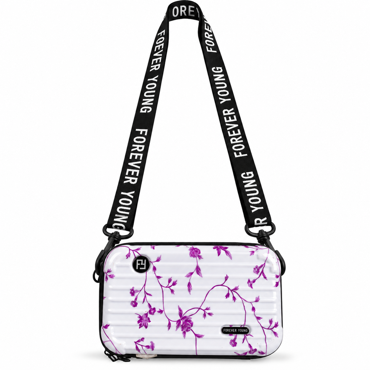 floral hard shell crossbody sling bag with adjustable strap and zip closure