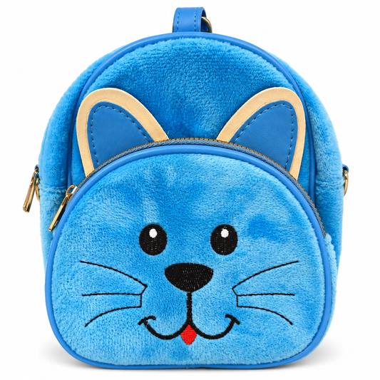 Cute Blue Cat Kids Mini Backpack for Girls | 2 Zipper Plush Backpack with Adjustable Straps | Stylish Small Day Bag