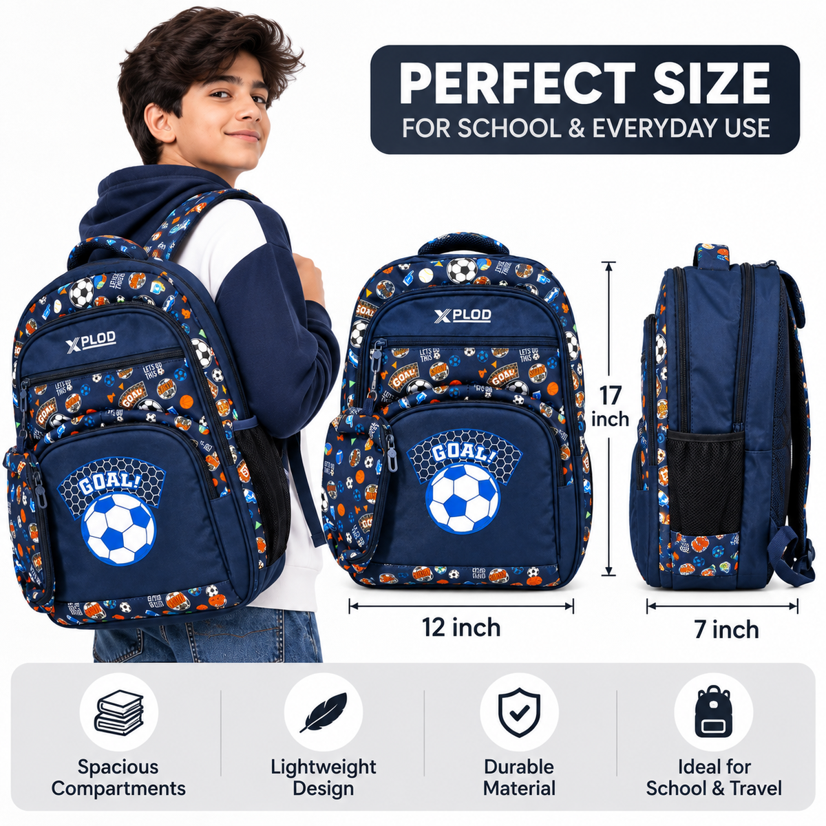 Xplod Football Printed Backpack | Spacious Multi-Compartment Bag with Side Bottle Pockets &amp; Detachable Pouch