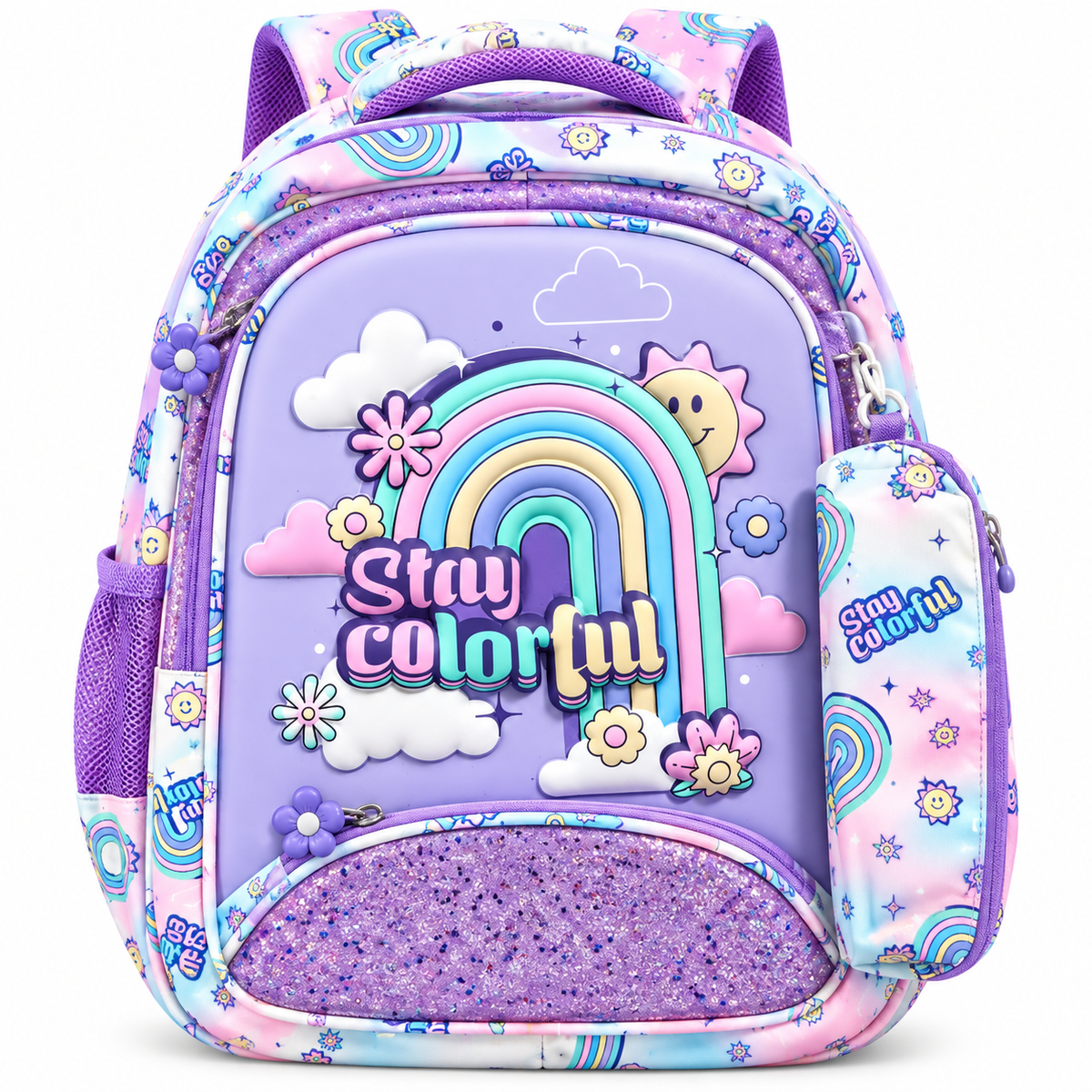 Rainbow Kids School | 4 Zipper Spacious School Bag | Lightweight &amp; Stylish with Side Pockets and Detachable Pouch