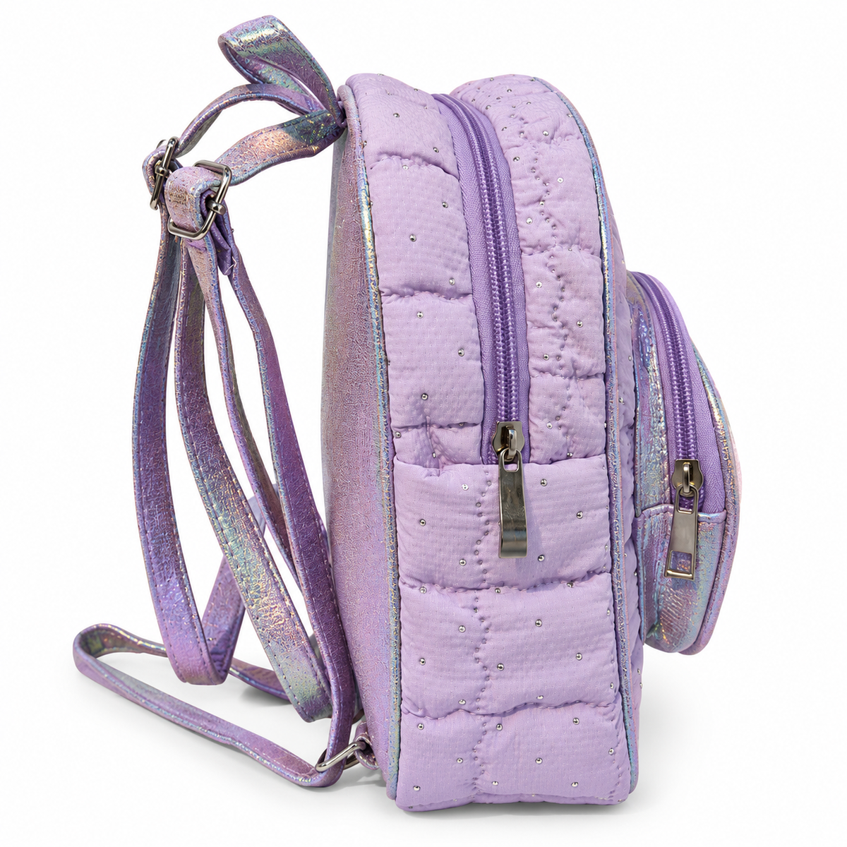Girls Kids Backpack | 2 Zipper Stylish Quilted School Bag | Cute Purple Glitter Backpack with Flower Design