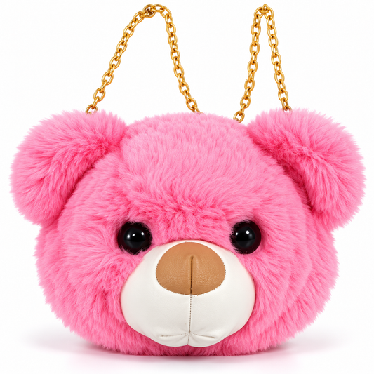 Cute Teddy Bear Fur Sling Bag for Girls & Women | Plush Bear Face Crossbody Shoulder Bag with Gold Chain