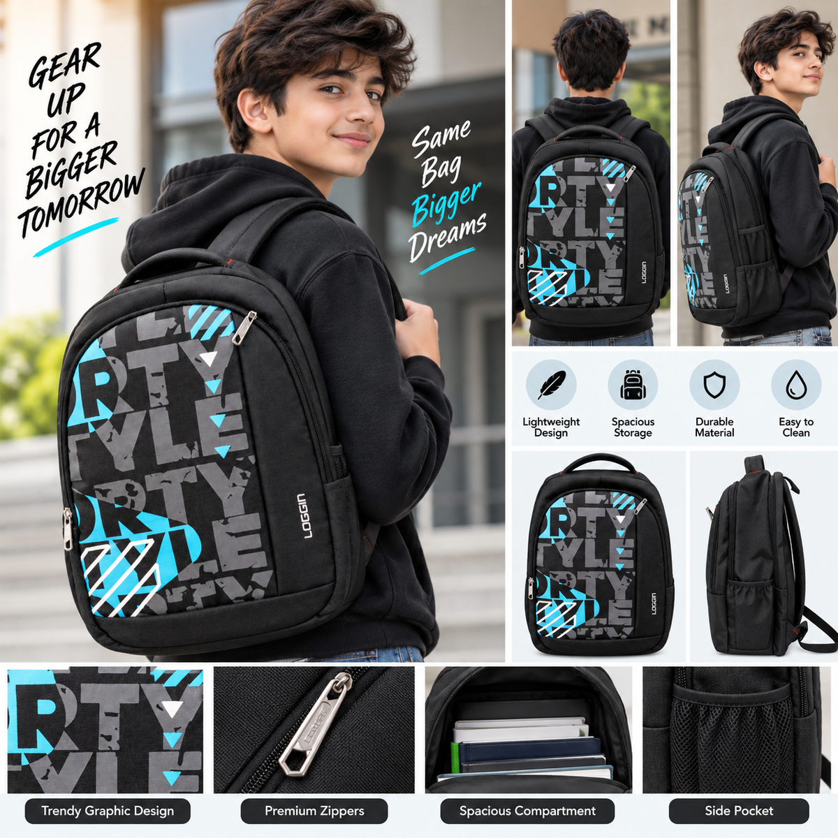 Stylish Backpack for Men & Women | 4 Zipper Backpack with 2 Side Bottle Pockets | College, Office & Travel Bag