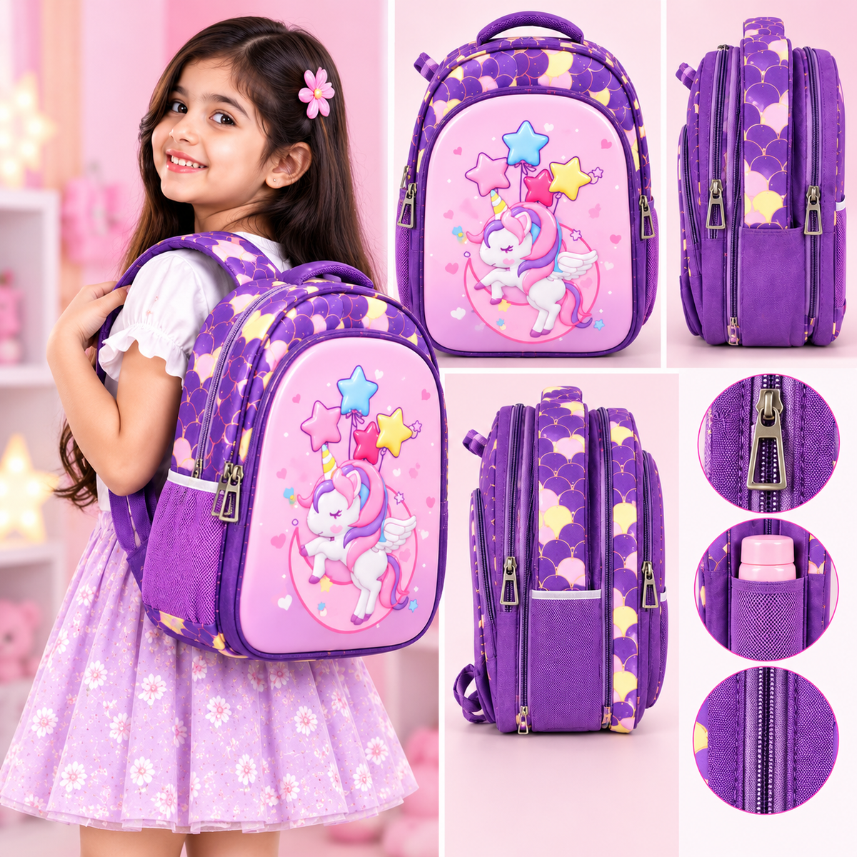 Unicorn Kids School Backpack for Girls | 3 Zipper Spacious School Bag | Cute Magical Unicorn Printed Backpack with Side Pockets