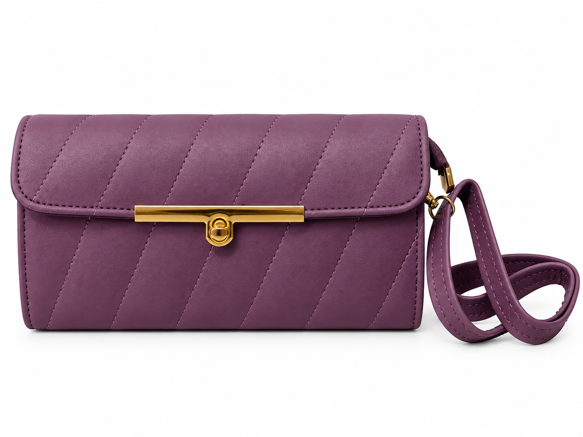 Elegant Purple Quilted Sling / Handbag with Gold-Tone Lock & Adjustable Strap for Women
