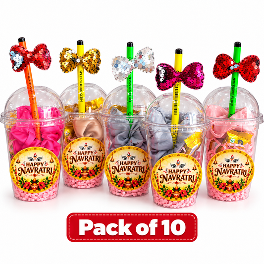 Navratri Special Kids Gift Combo – Bow Hair Clip, Stationery & Chocolate | Pack of 10