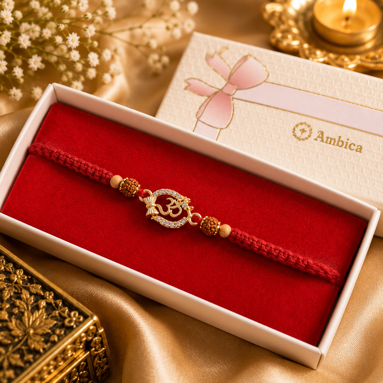 Premium Om Rakhi with Heavy Metal Charm, Handcrafted Thread & Rudraksha
