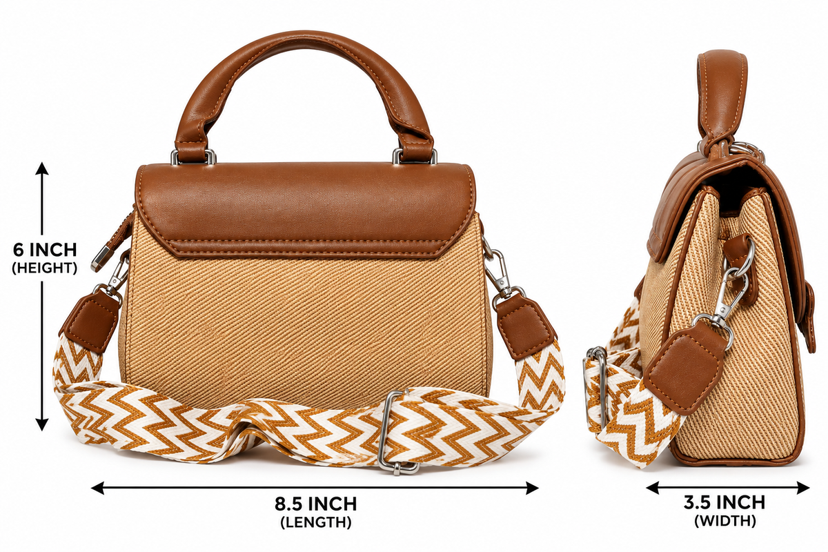Elegant Brown & Beige Handbag with Star Charm, Top Handle & Printed Adjustable Strap