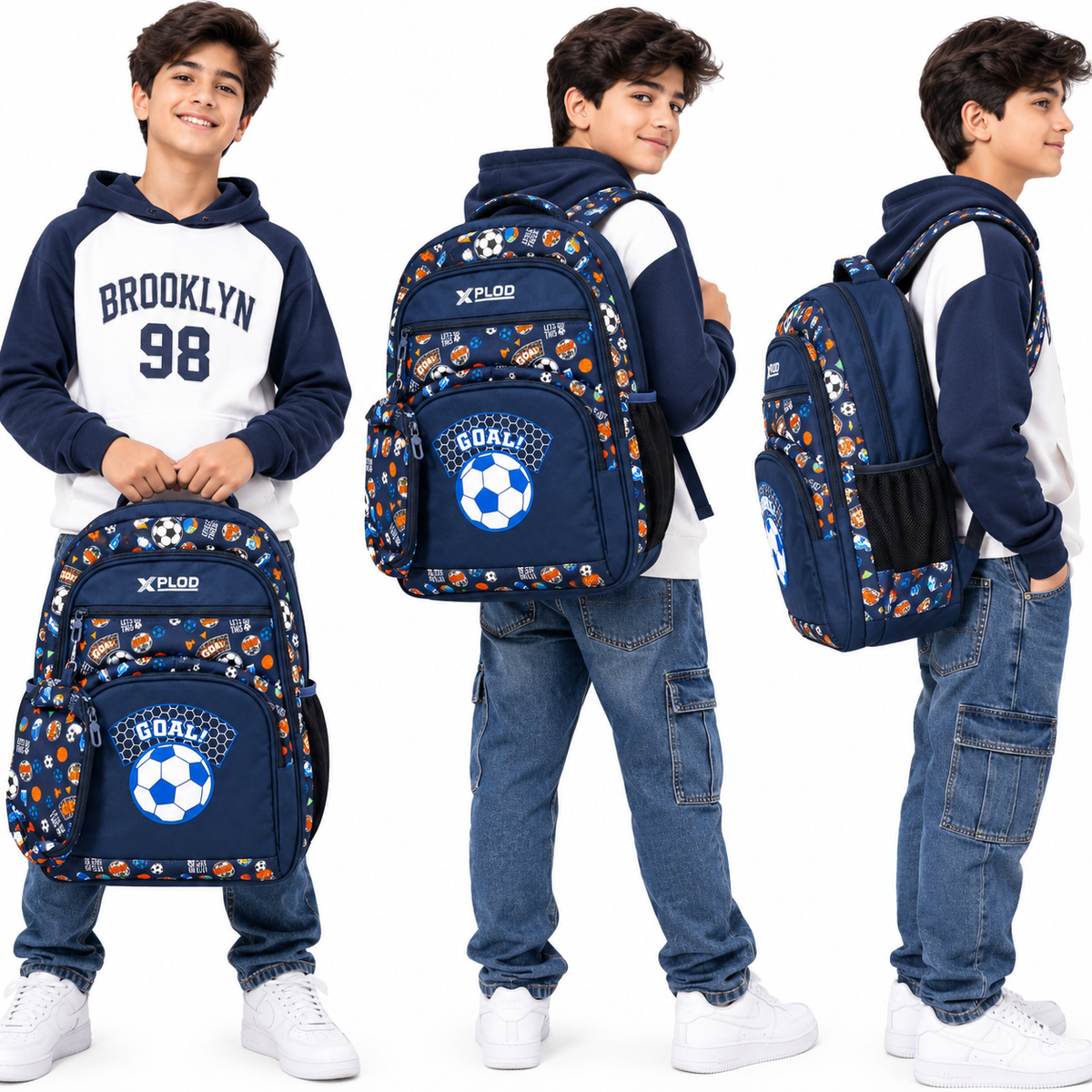 Xplod Football Printed Backpack | Spacious Multi-Compartment Bag with Side Bottle Pockets &amp; Detachable Pouch