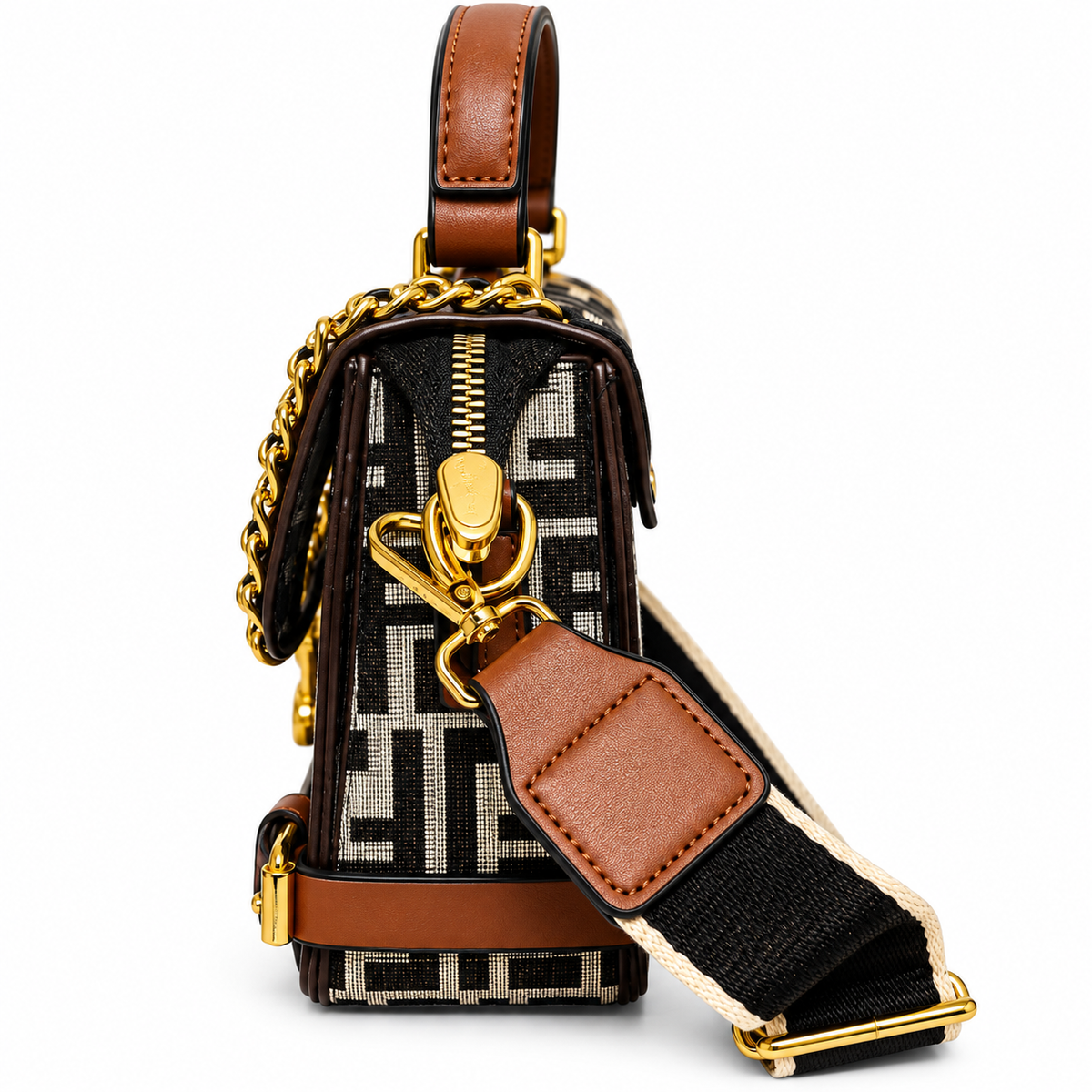 Stylish Black & Brown Geometric Pattern Handbag with Adjustable Shoulder Strap