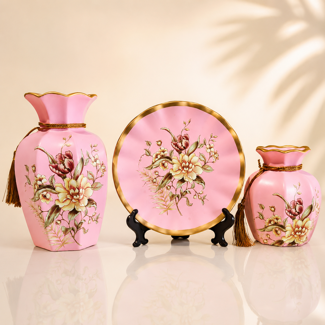 Premium Pink Floral Decor Set (3 Pieces) – Polyresin & Marble Dust