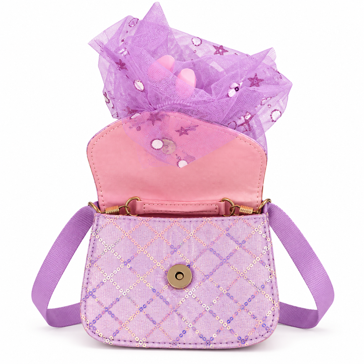 Girls Doll Sling Bag with Pearl Handle & Adjustable Shoulder Strap | Cute Sequin Party Purse for Kids