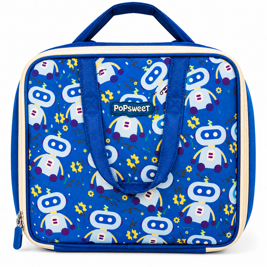 Lunch Bag for Boys & Girls | Cute Robot Printed Insulated Lunch Box Bag | 2 Compartments | Portable Lunch Bag