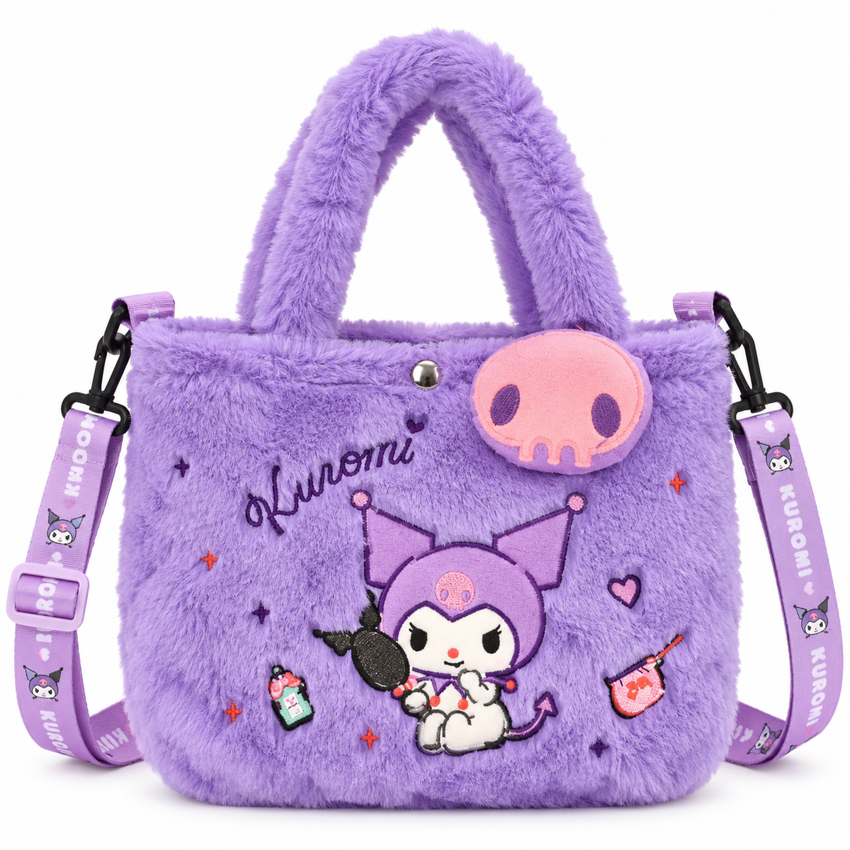 Kuromi Plush Fur Tote Sling Bag for Girls | Cute Soft Furry Shoulder Bag | Adjustable Strap | Casual & Travel Bag