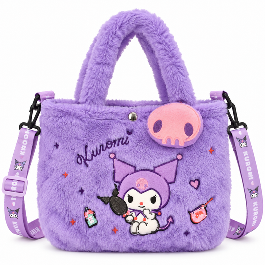 Kuromi Plush Fur Tote Sling Bag for Girls | Cute Soft Furry Shoulder Bag | Adjustable Strap | Casual & Travel Bag