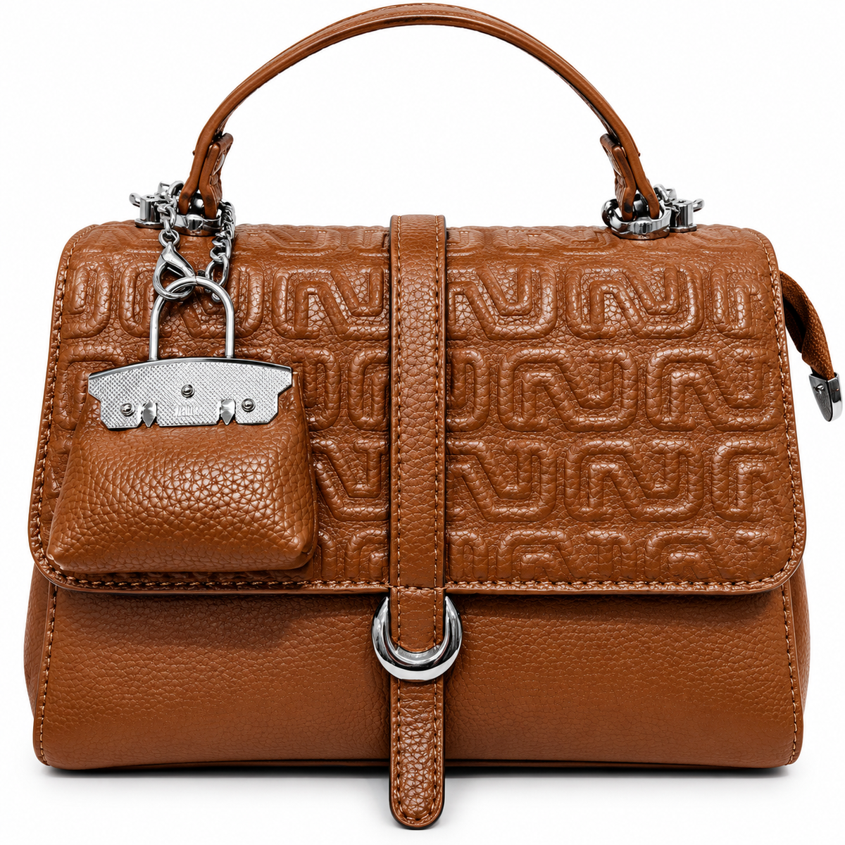 Elegant Brown Textured Handbag with Long Shoulder Strap & Mini Pouch