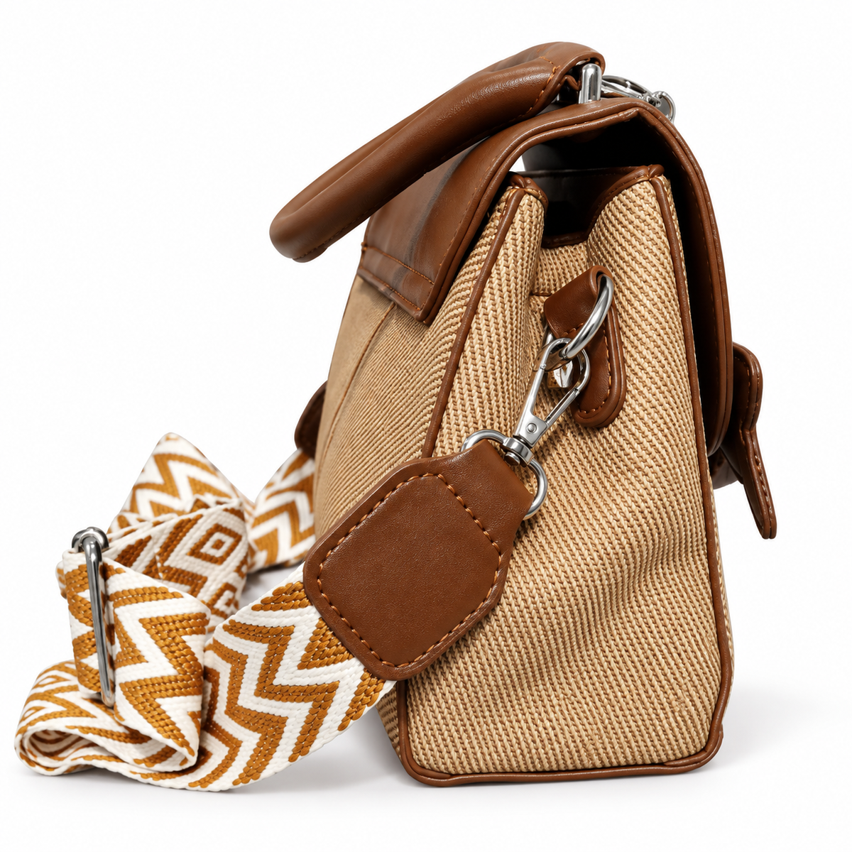 Elegant Brown & Beige Handbag with Star Charm, Top Handle & Printed Adjustable Strap
