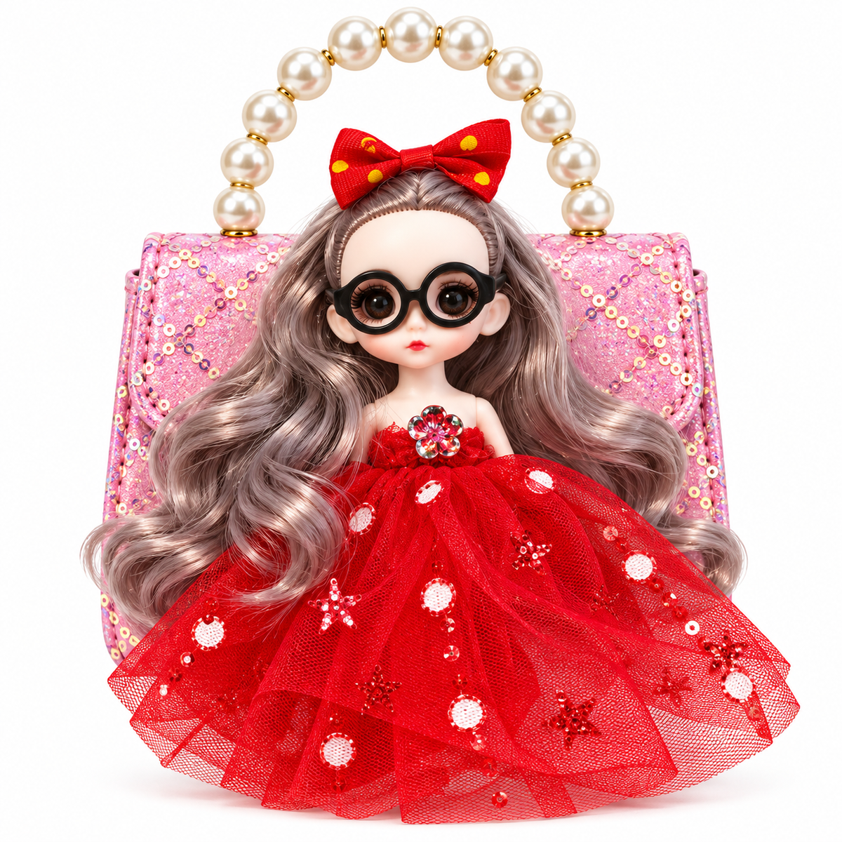Girls Doll Sling Bag with Pearl Handle & Adjustable Shoulder Strap | Cute Sequin Party Purse for Kids