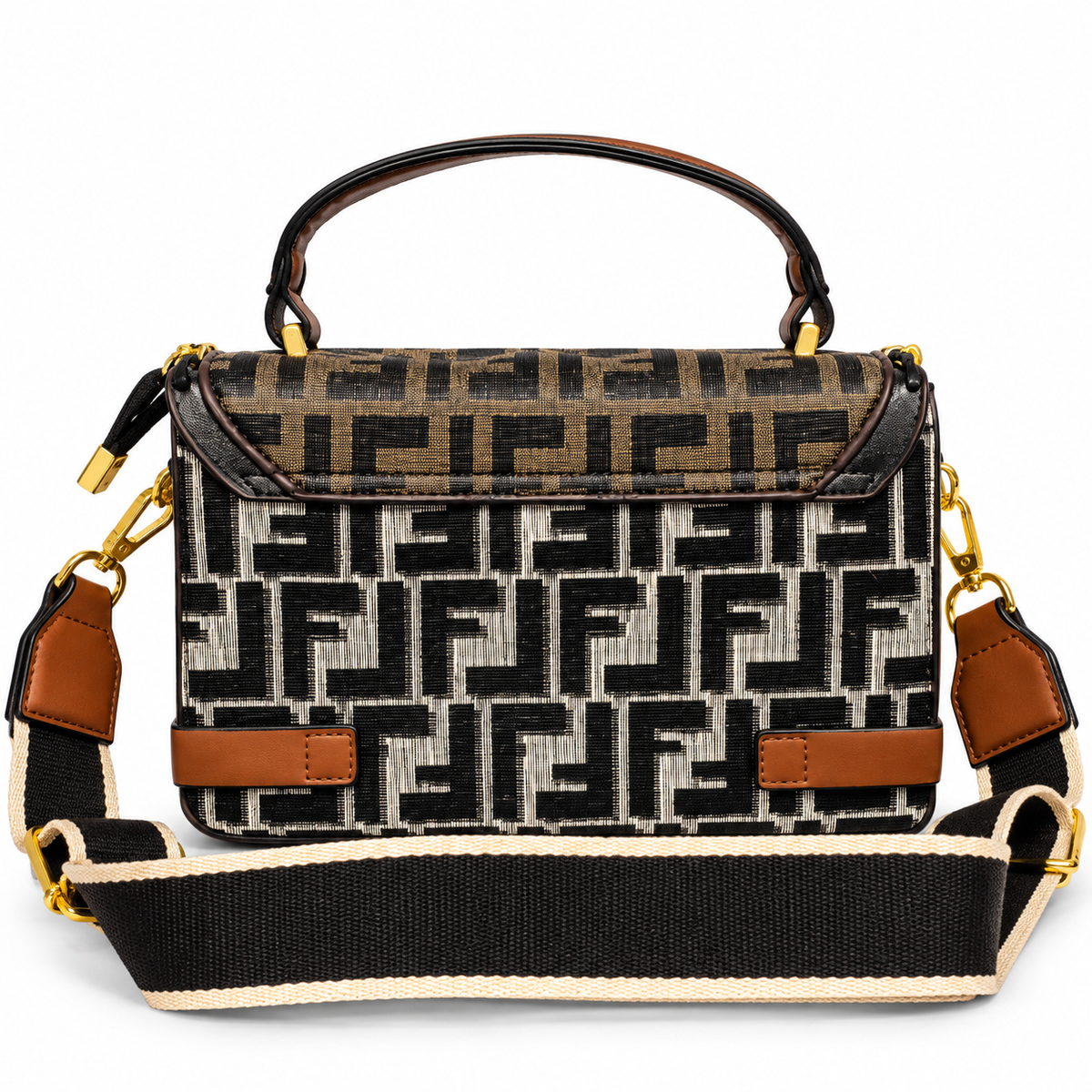 Stylish Black & Brown Geometric Pattern Handbag with Adjustable Shoulder Strap