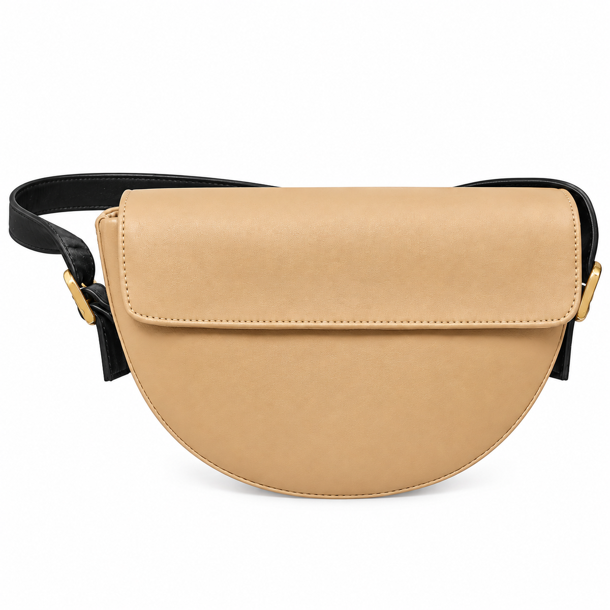 Elegant Tan & Black Saddle Sling Bag with Flap Design & Gold-Tone Details for Women & Girls