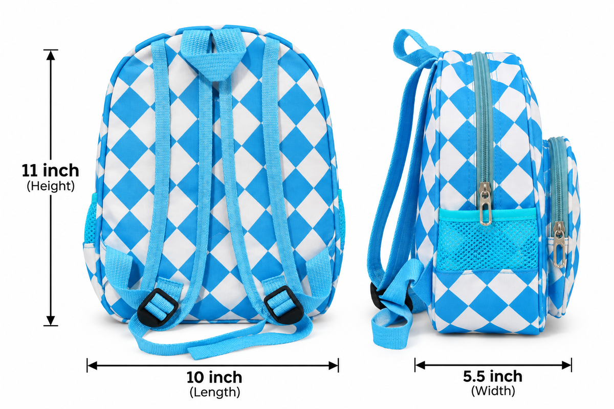 Kids School Backpack for Boys & Girls | 2 Zipper Spacious School Bag with 2 Side Pockets | Cute Blue Printed Backpack