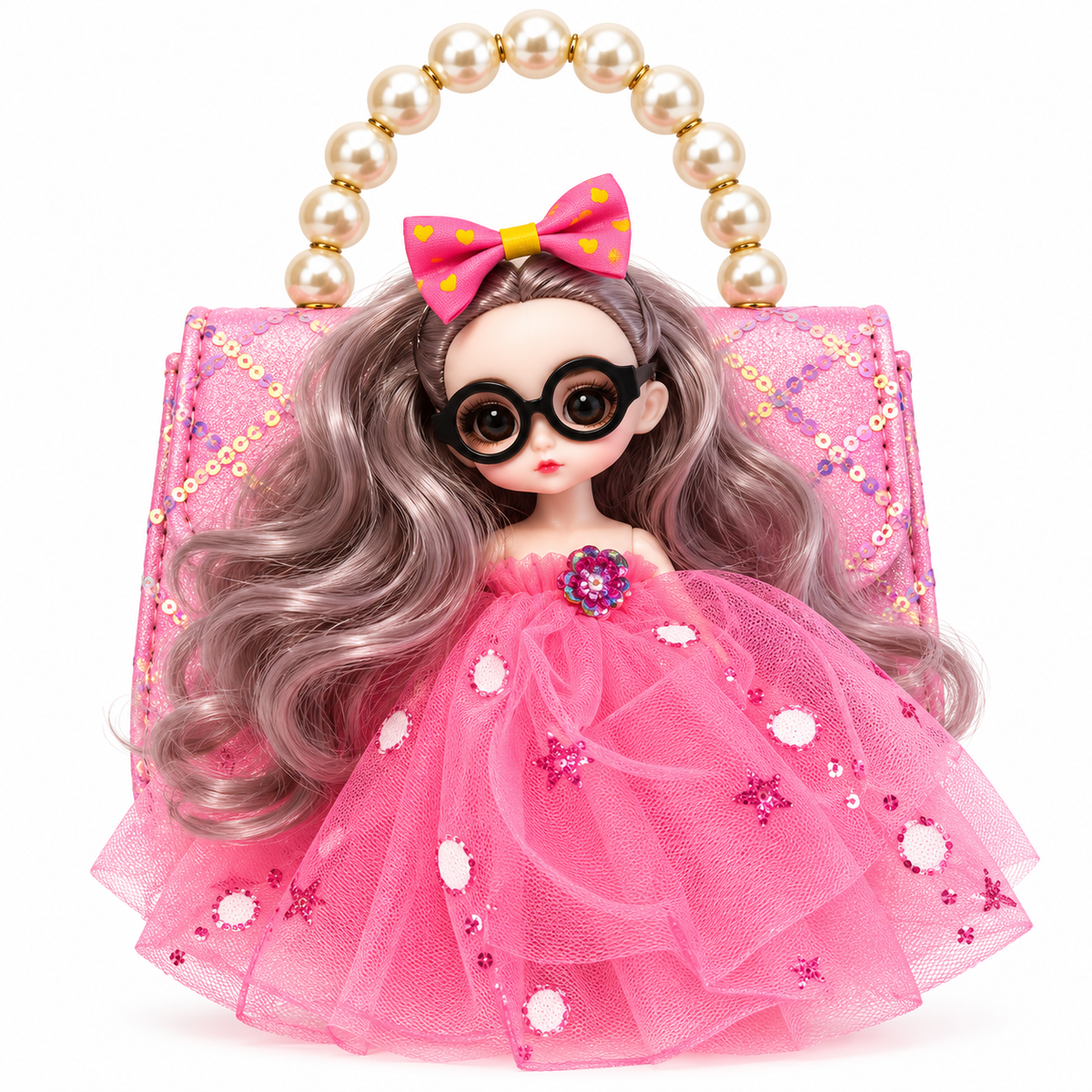 Girls Doll Sling Bag with Pearl Handle & Adjustable Shoulder Strap | Cute Sequin Party Purse for Kids