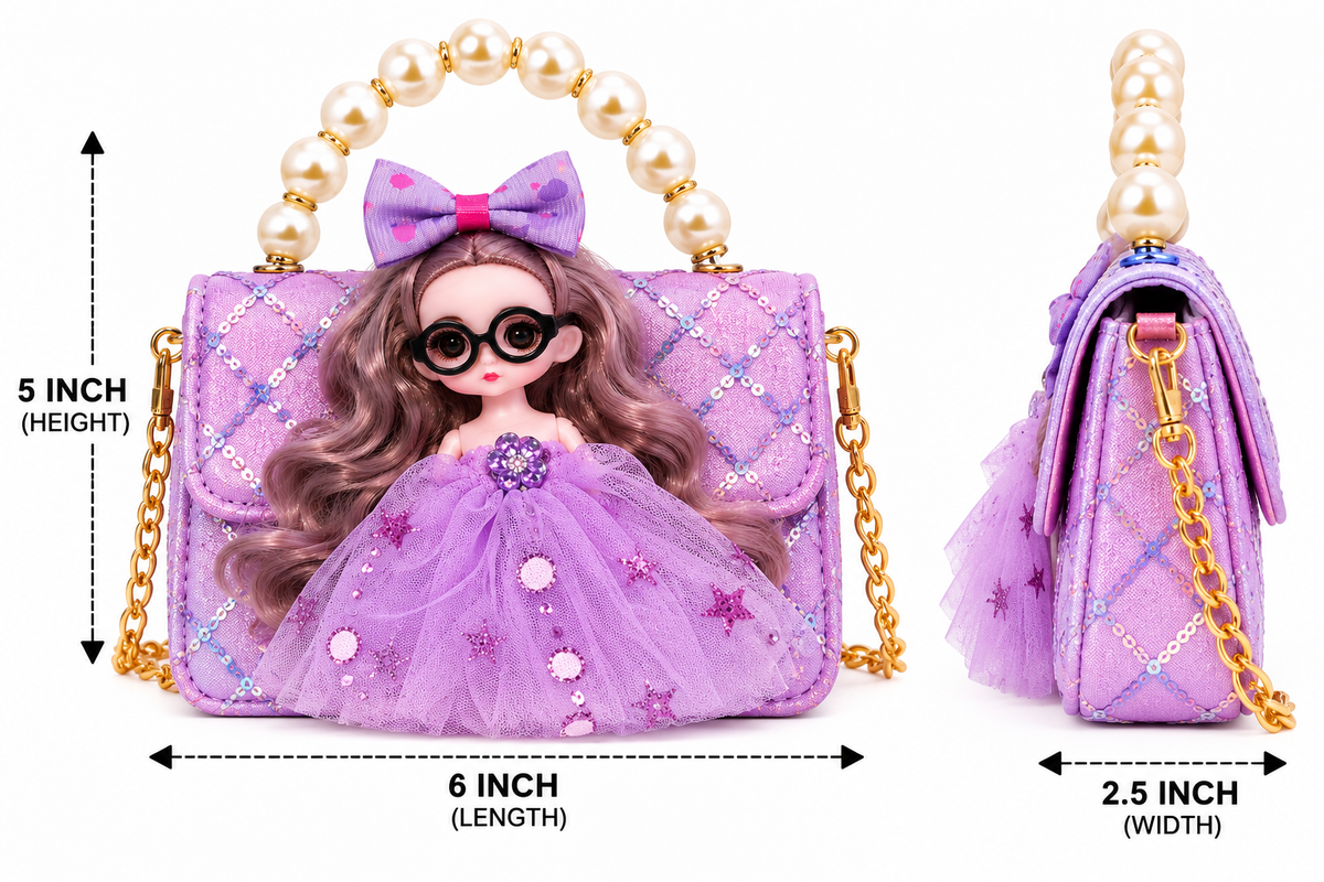 Girls Doll Sling Bag with Pearl Handle & Adjustable Shoulder Strap | Cute Sequin Party Purse for Kids