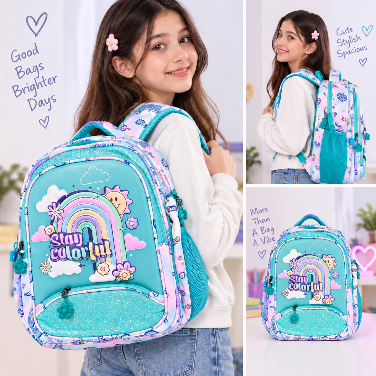 Rainbow Kids School | 4 Zipper Spacious School Bag | Lightweight &amp; Stylish with Side Pockets and Detachable Pouch