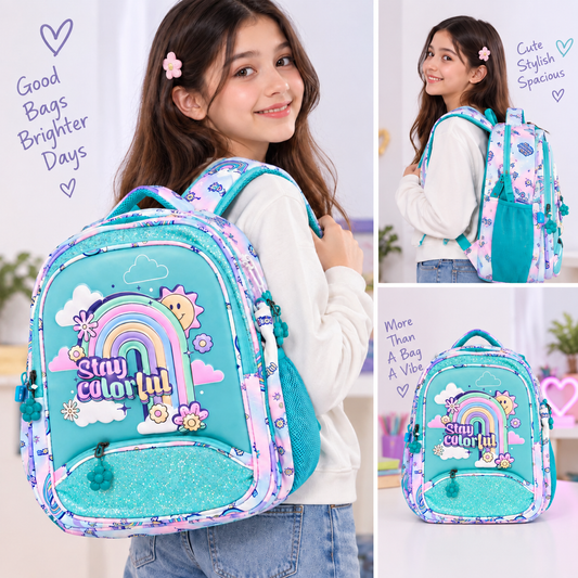 Rainbow Kids School | 4 Zipper Spacious School Bag | Lightweight &amp; Stylish with Side Pockets and Detachable Pouch