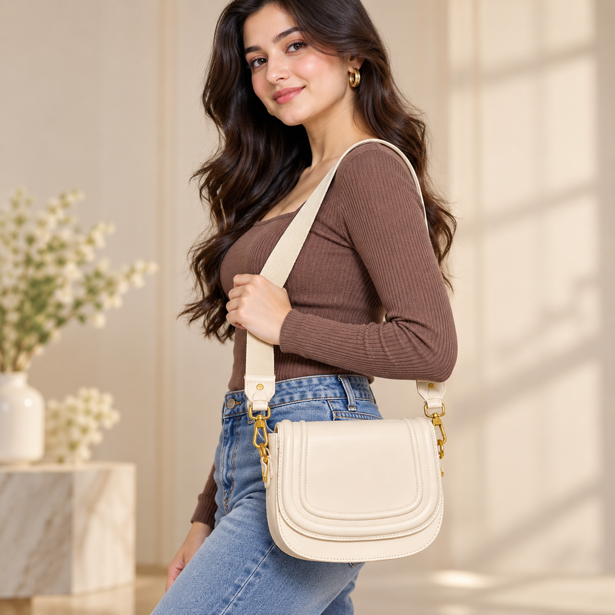 Elegant Sling Bag with Gold-Tone Hardware & Adjustable Wide Strap for Women