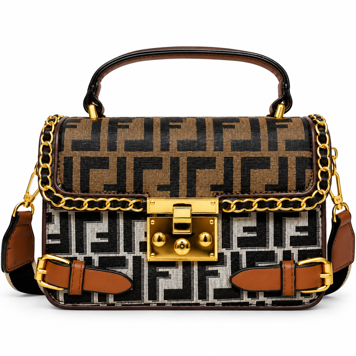 Stylish Black & Brown Geometric Pattern Handbag with Adjustable Shoulder Strap