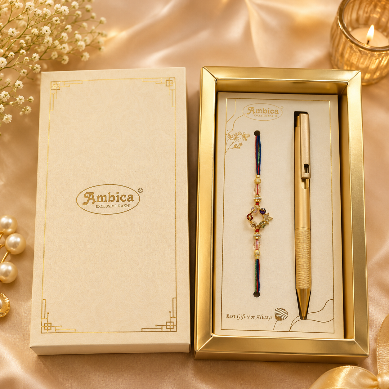 Premium AD Star Rakhi with Pen Gift Box | Heavy Metal Charm | Designer Rakhi Gift Set